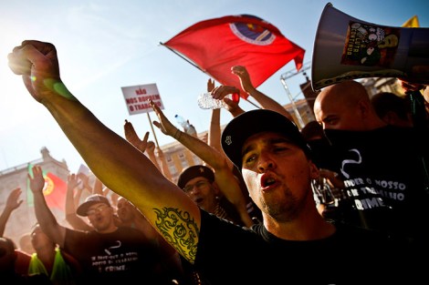 Lisbon, Portugal: People protest during a demonstration